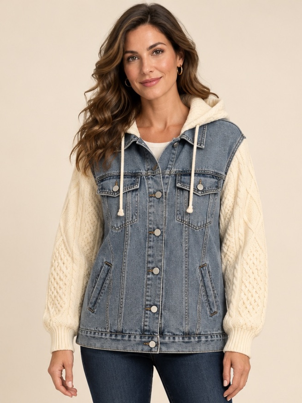 MELLO Denim Jacket with Cream Cable Knit Sleeves & Hood
